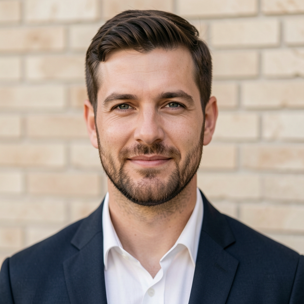 Editorial portrait of a man in his thirties, natural outdoor light, understated composition against a light brick wall