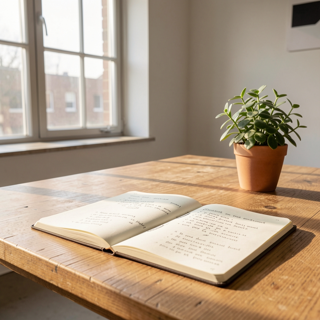 A bright editorial studio workspace with a wooden desk, open notebook filled with handwritten food observation notes, a small plant in the corner, afternoon light through tall windows
