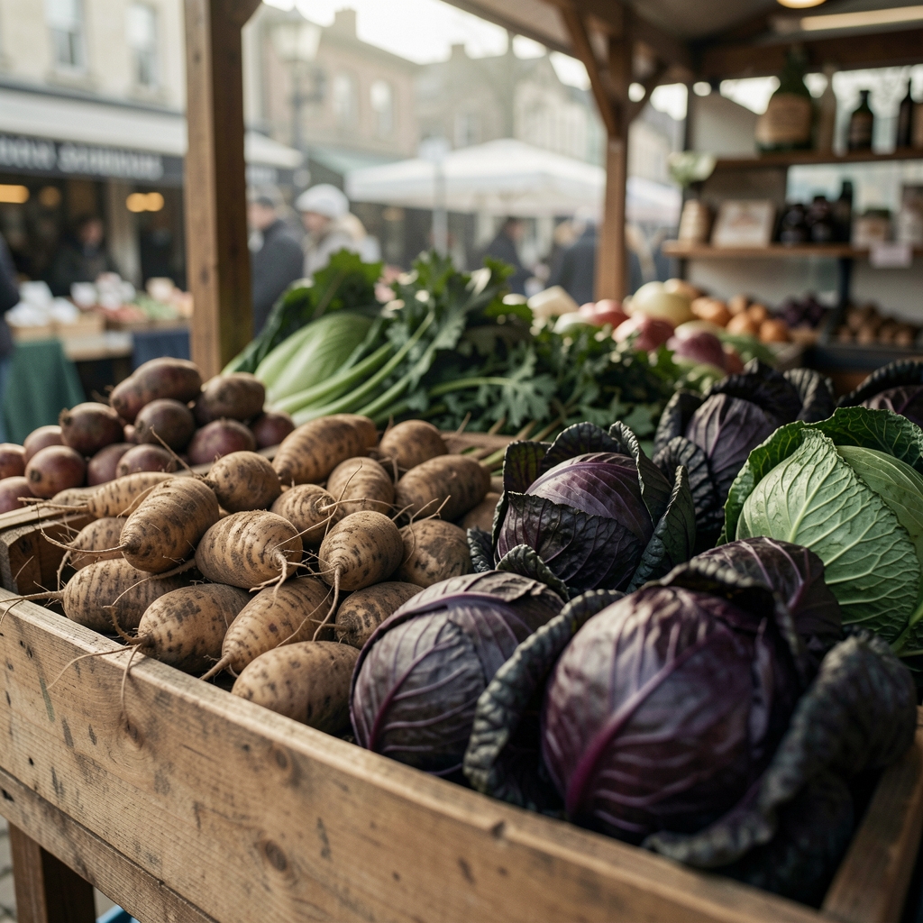 Close-up of a wooden market stall displaying earthy root vegetables and dark leafy brassicas in February morning light, shallow depth of field, muted editorial tones